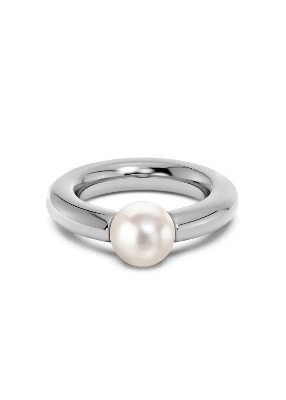 Modern silver ring with a white pearl centerpiece on a plain white background