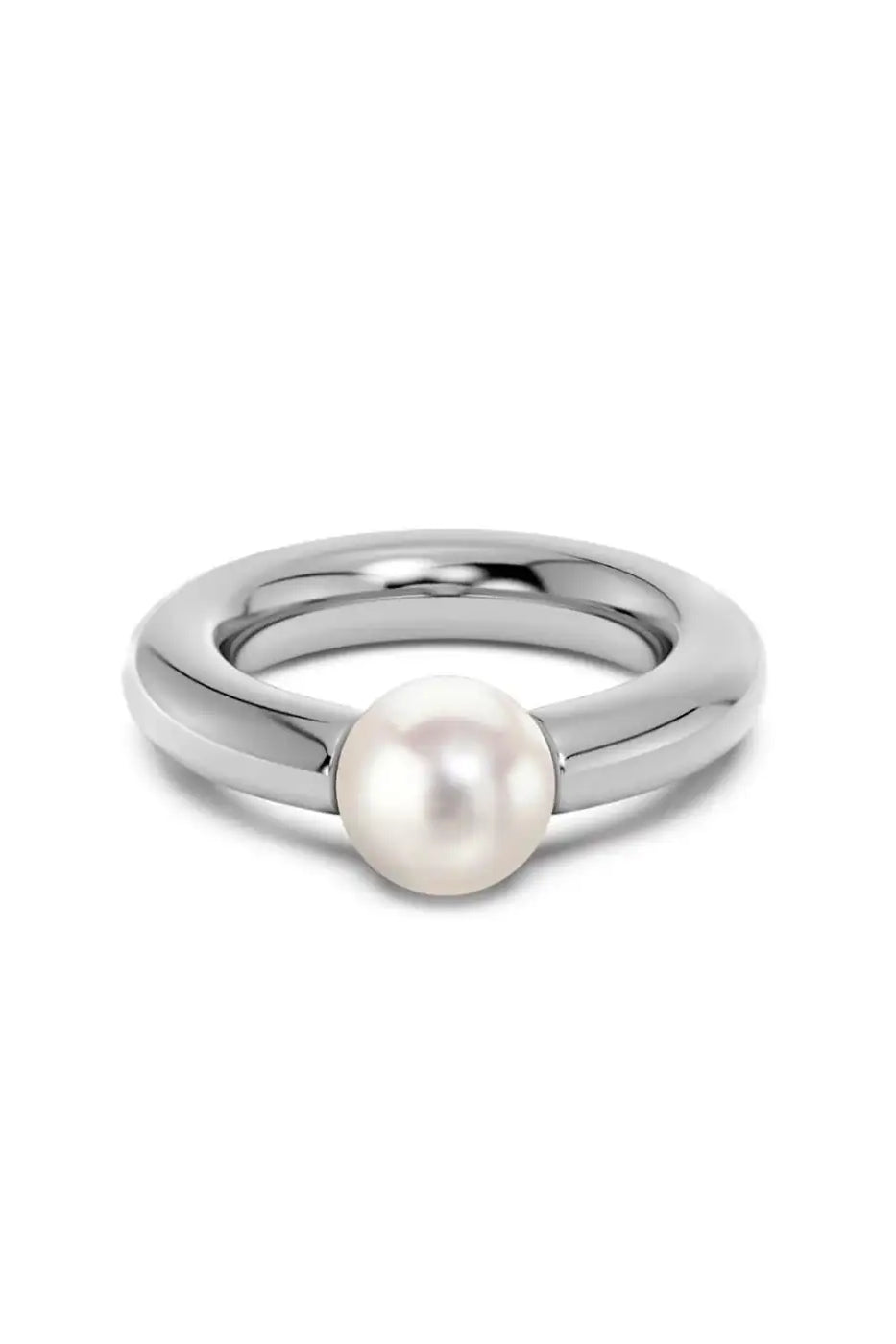 Modern silver ring with a white pearl centerpiece on a plain white background