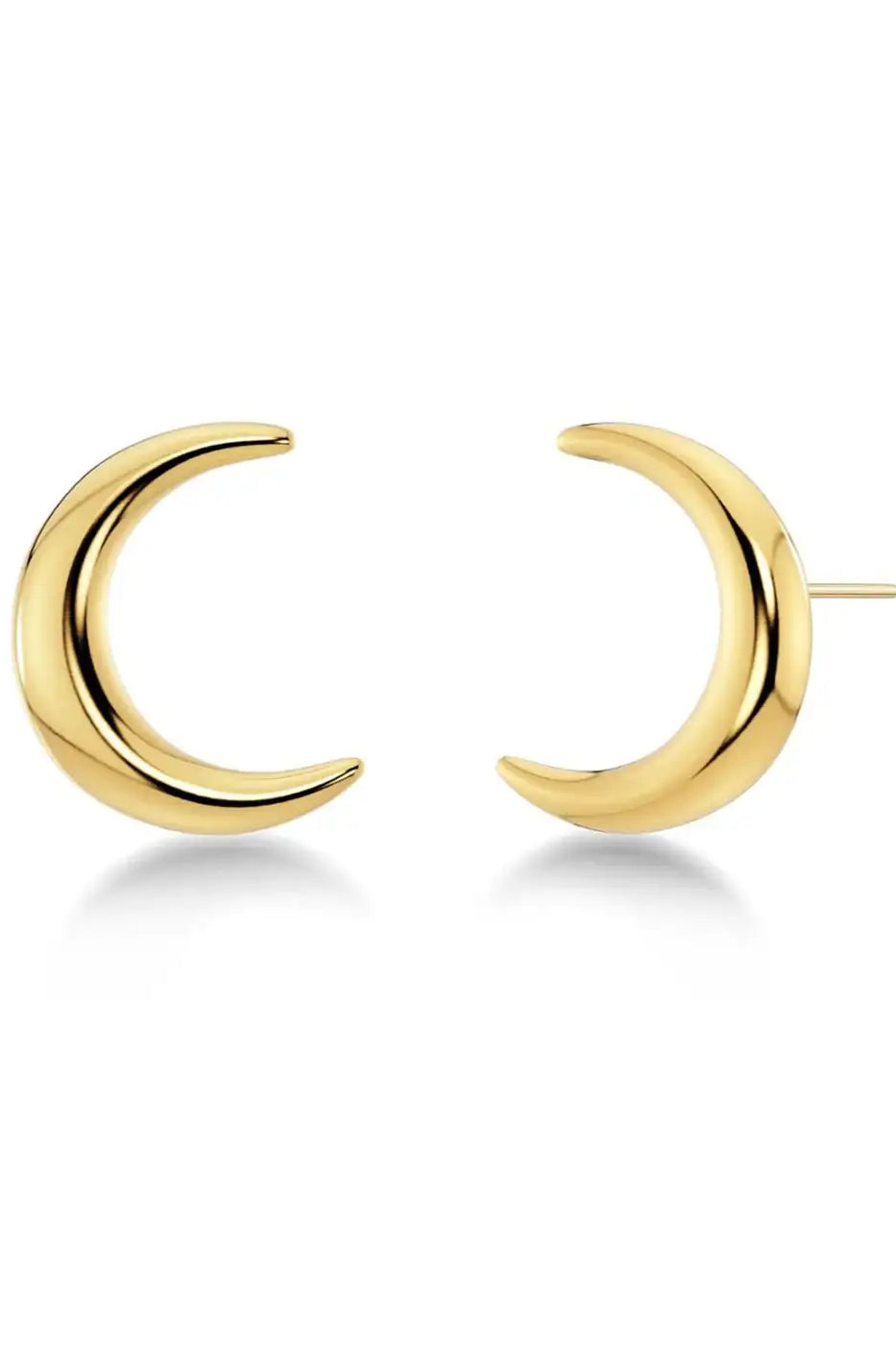 Gold crescent moon stud earrings displayed on white background