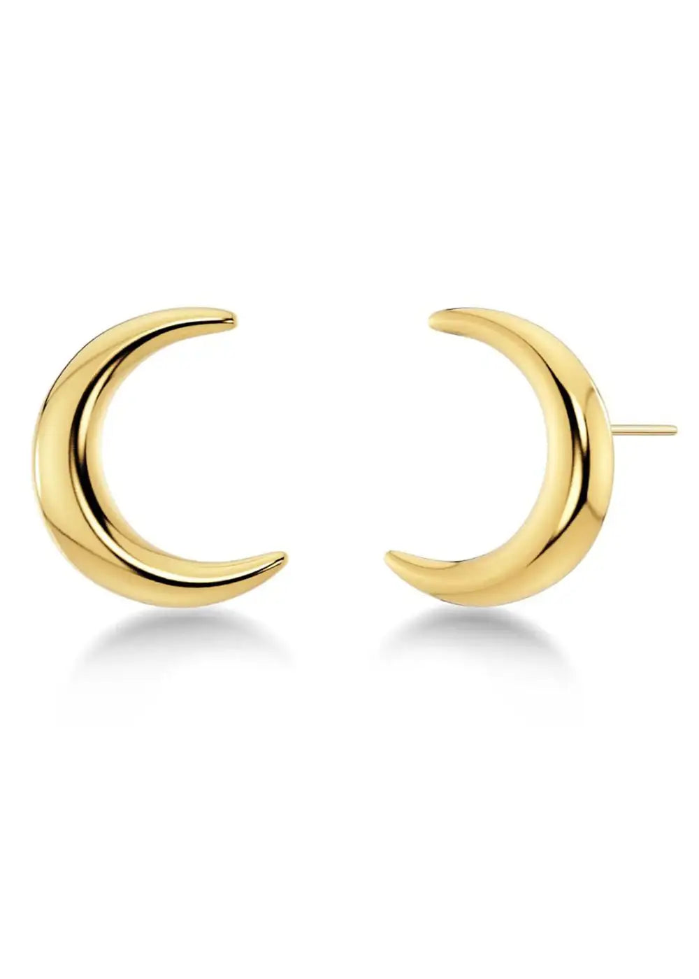 Gold crescent moon stud earrings displayed on white background