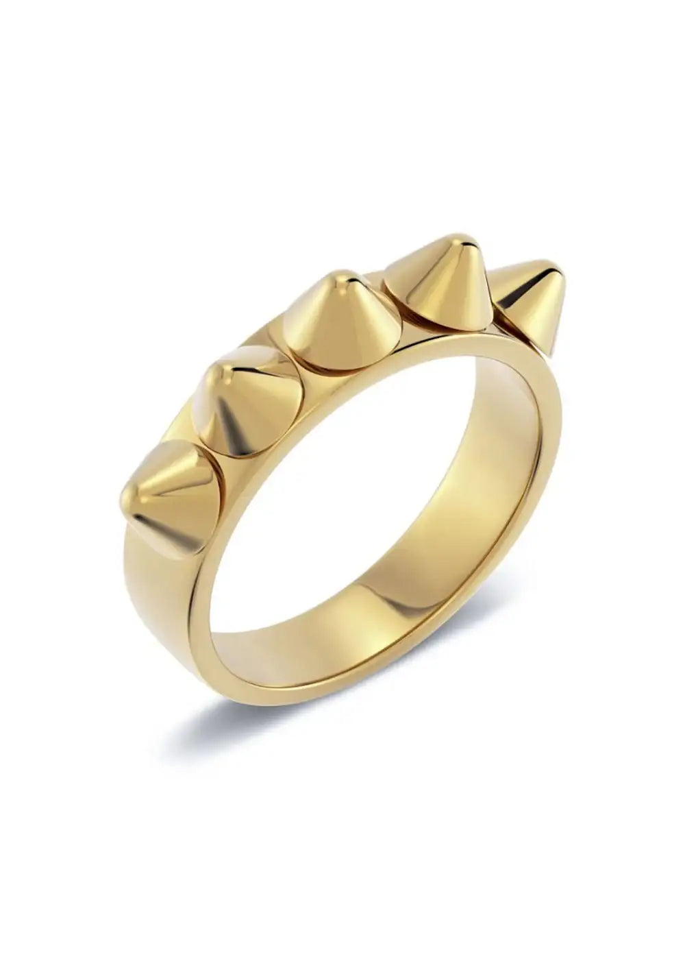 Gold ring with raised cone-shaped studs, modern jewelry on white background