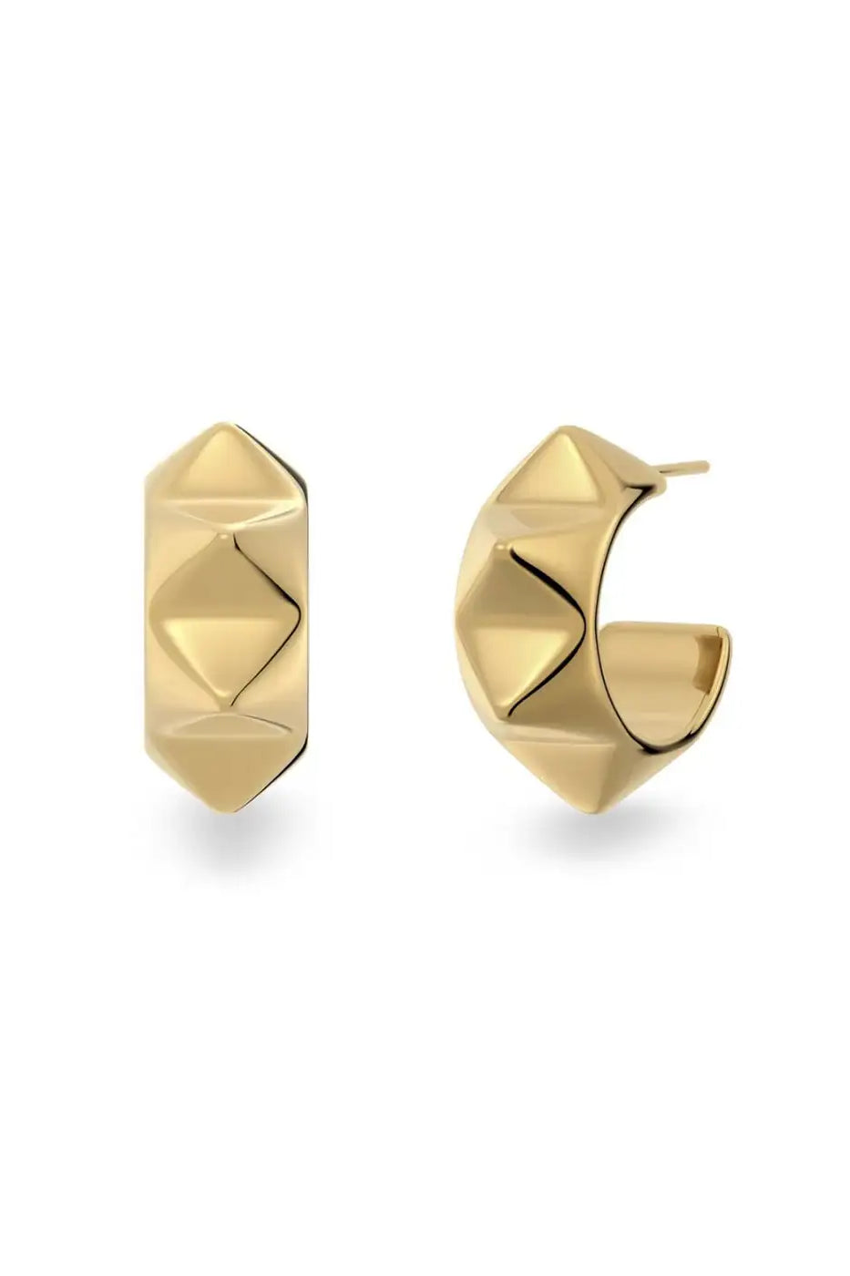 Gold-tone rivet studded creole hoop earrings on white background