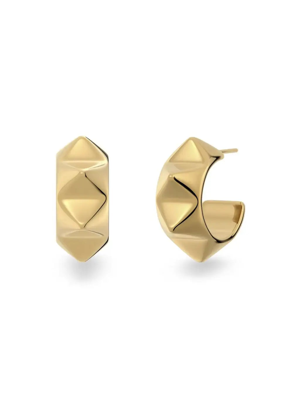 Gold-tone rivet studded creole hoop earrings on white background