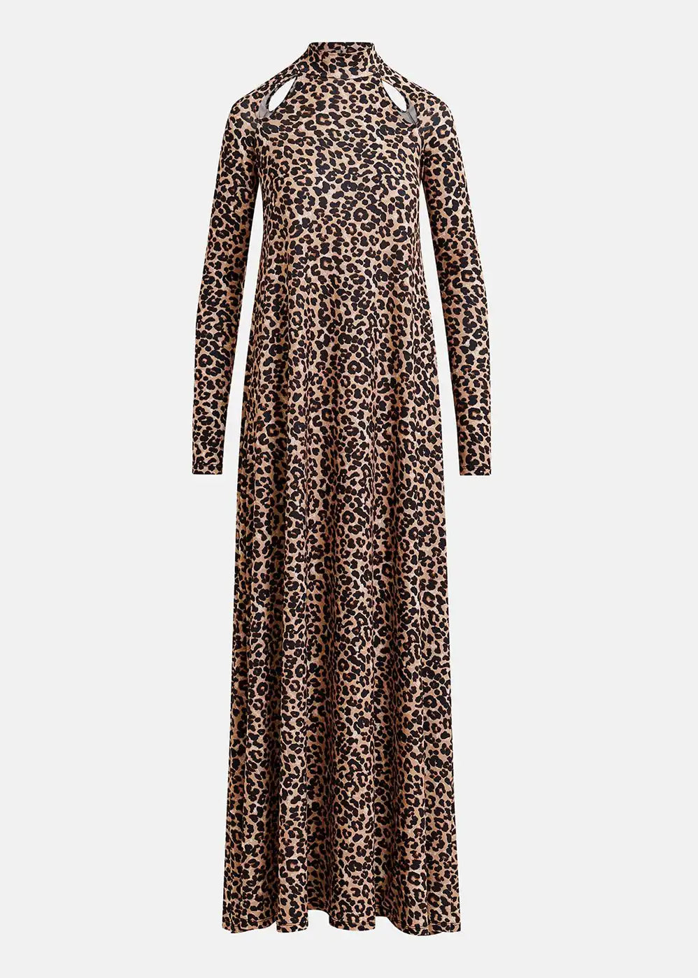 Leopard print long sleeve maxi dress with high neck and cutout shoulder details