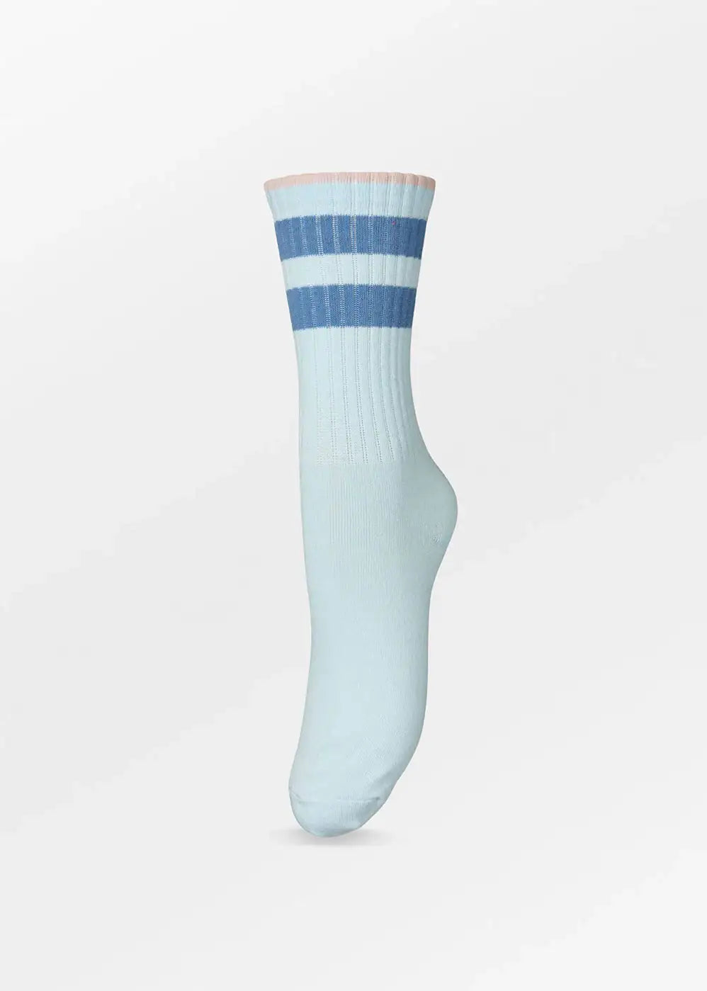 Light blue crew sock with blue stripes and ribbed texture, fashion accessory on white background