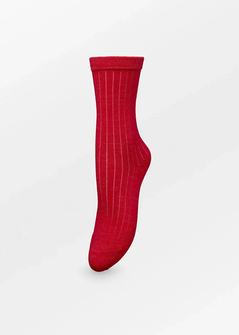 Bright red ribbed crew sock on white background, stylish women's fashion accessory
