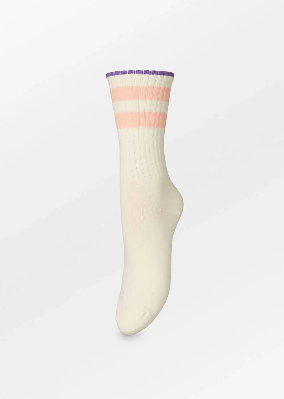 Cream crew sock with pastel pink and white stripes, purple trim, on plain background