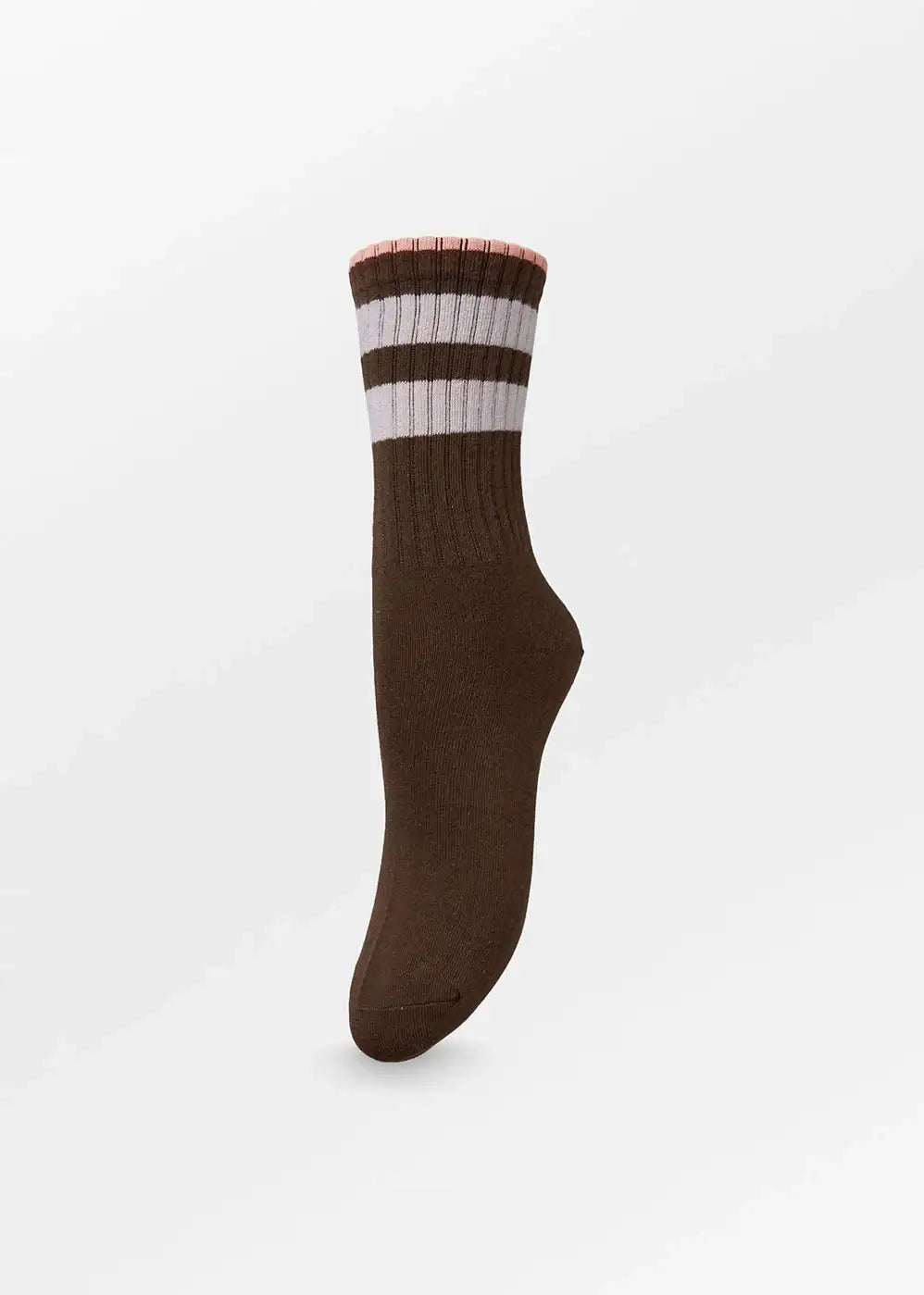 Brown ribbed crew sock with white and brown stripes and pink trim on a plain background