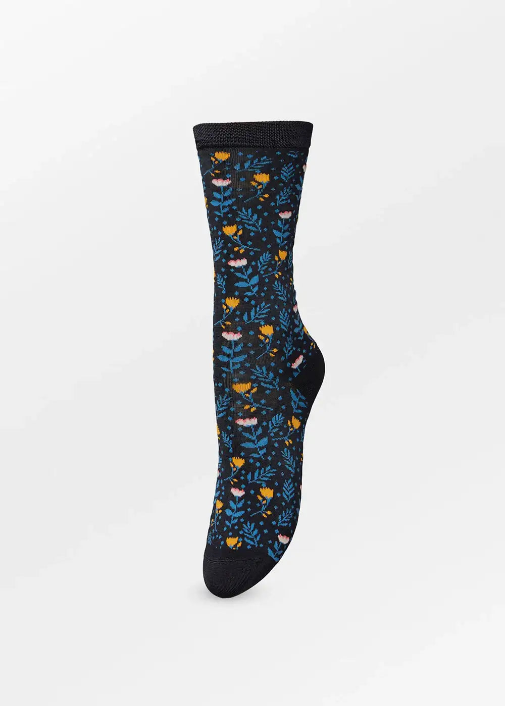 Navy blue sock with yellow, blue, and pink floral pattern on a white background