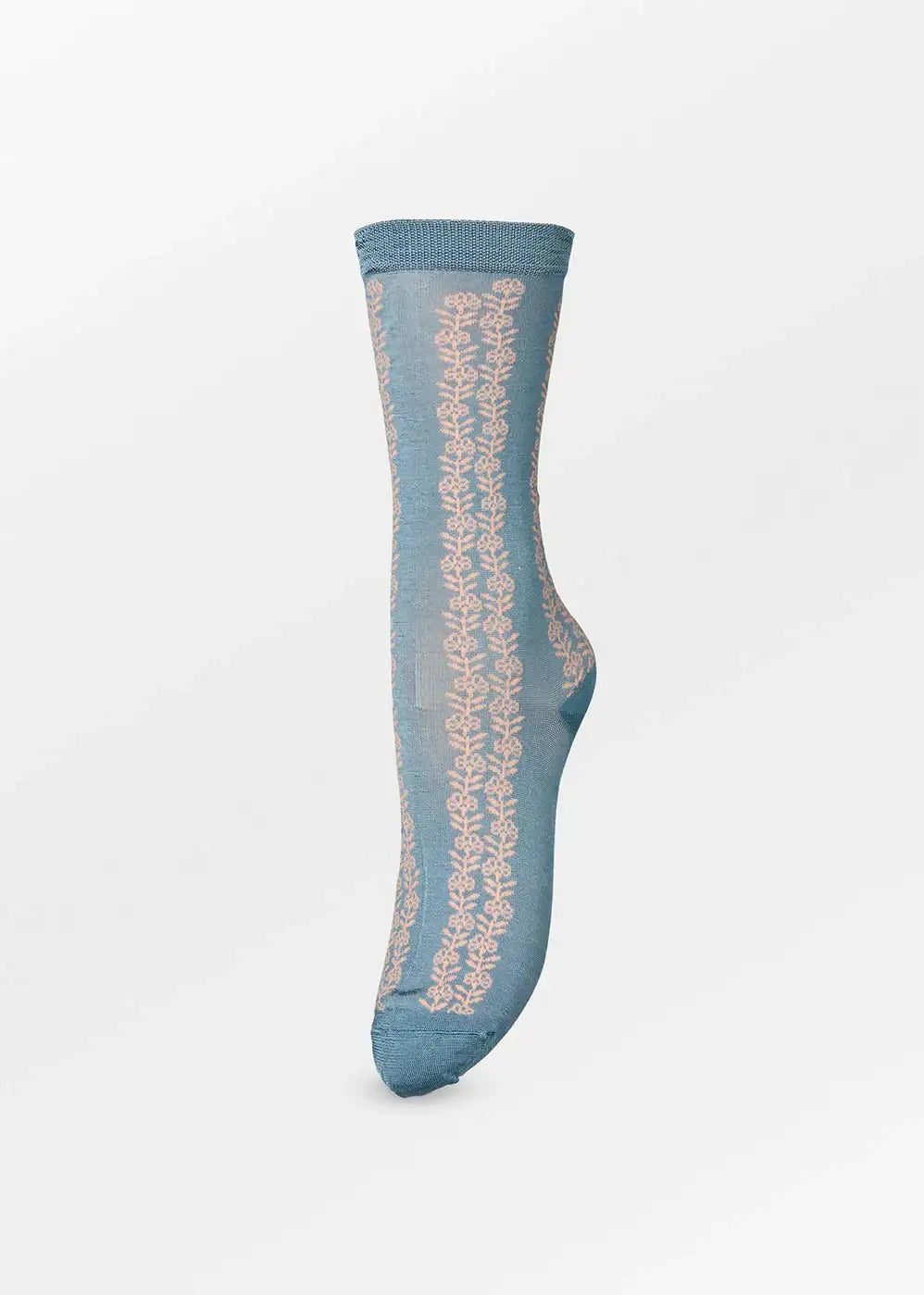 Blue sheer sock with vertical floral lace pattern, fashion accessory on white background