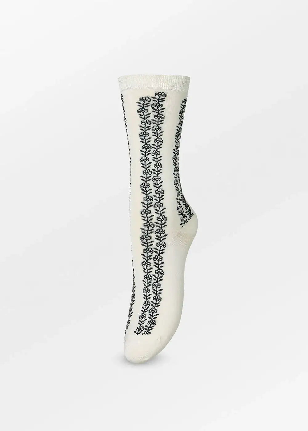 White sock with black vertical floral pattern, stylish design on plain background