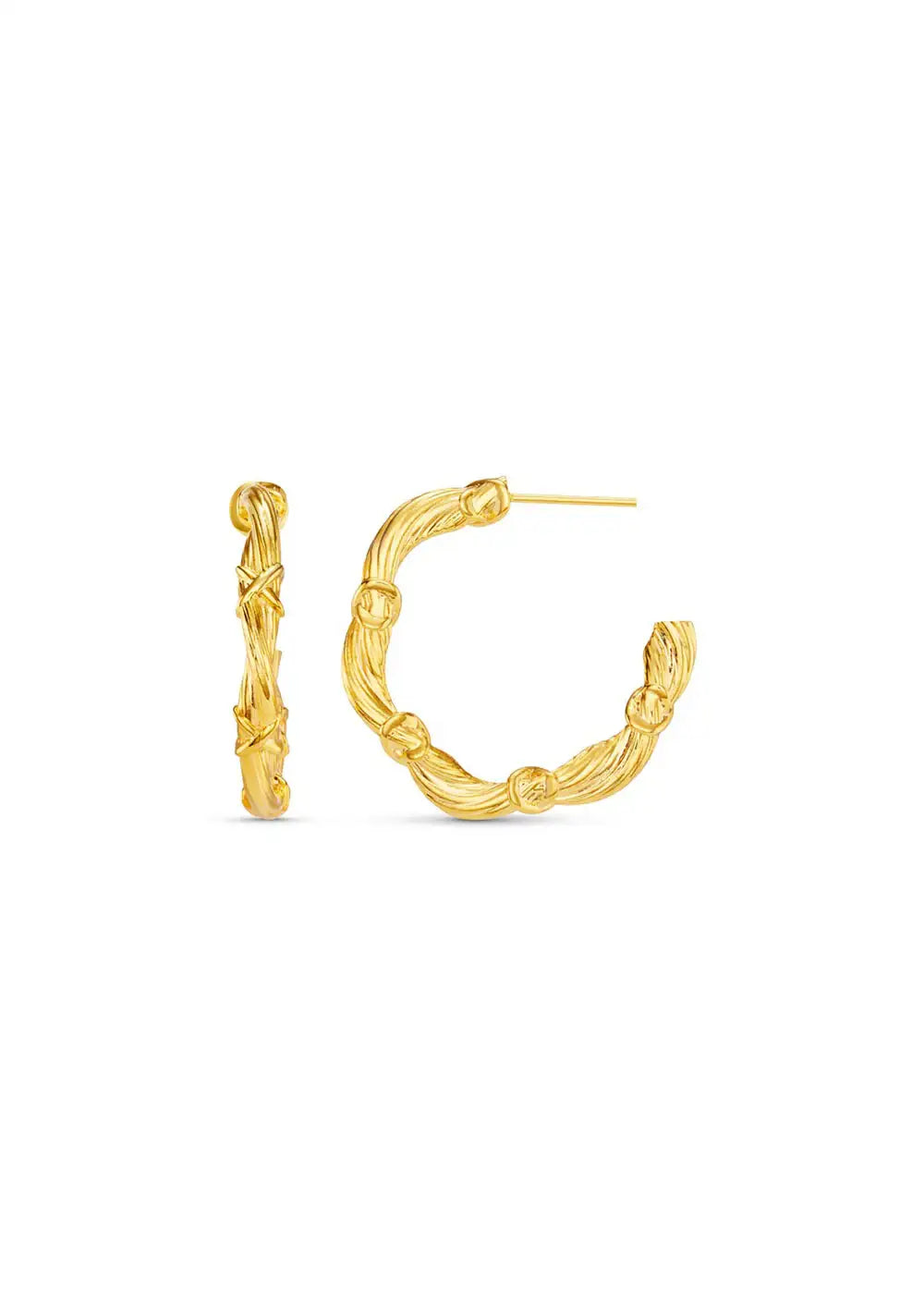 Gold twisted hoop earrings with textured knot details on a white background