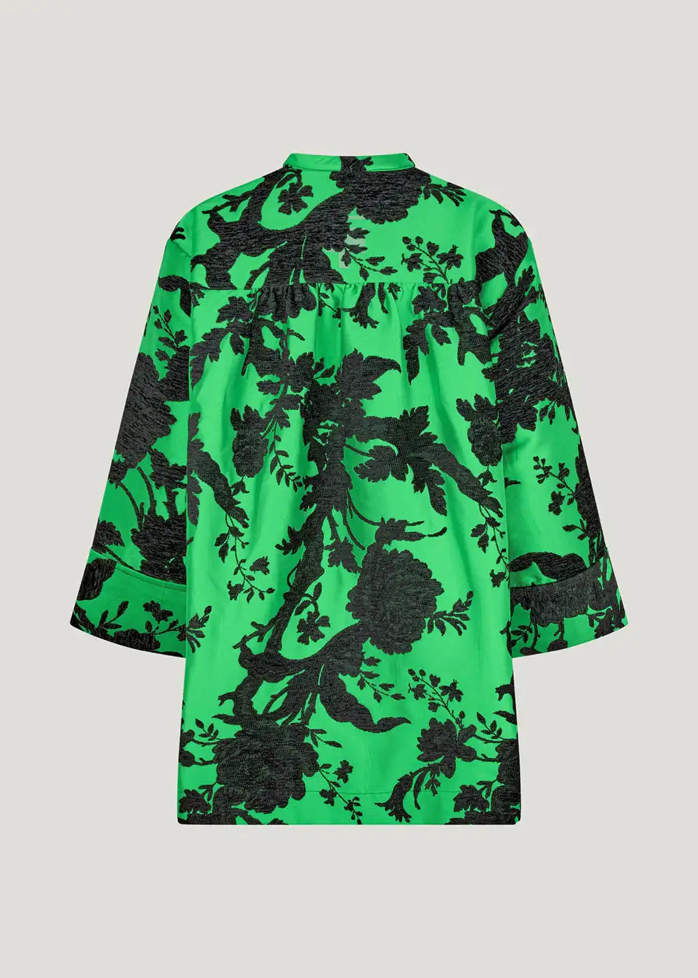 Green floral jacquard jacket with black botanical pattern, back view, fashion outerwear