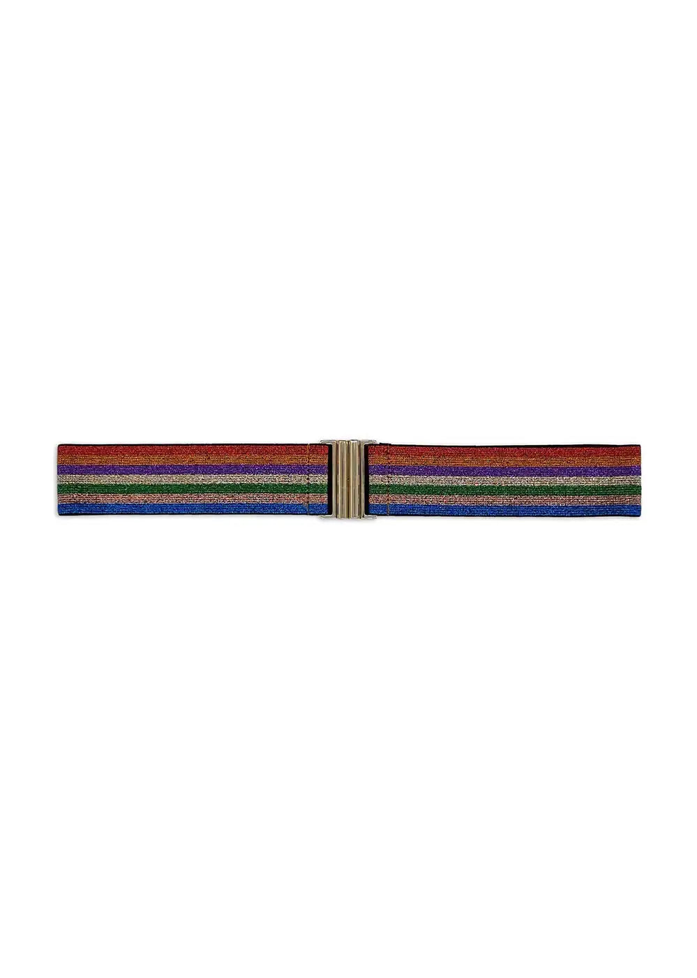 Colorful striped elastic belt with metallic clasp, fashion accessory on white background