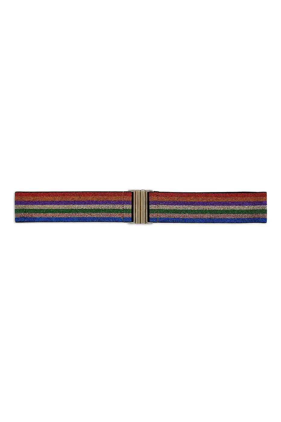 Colorful striped elastic belt with metallic clasp, fashion accessory on white background