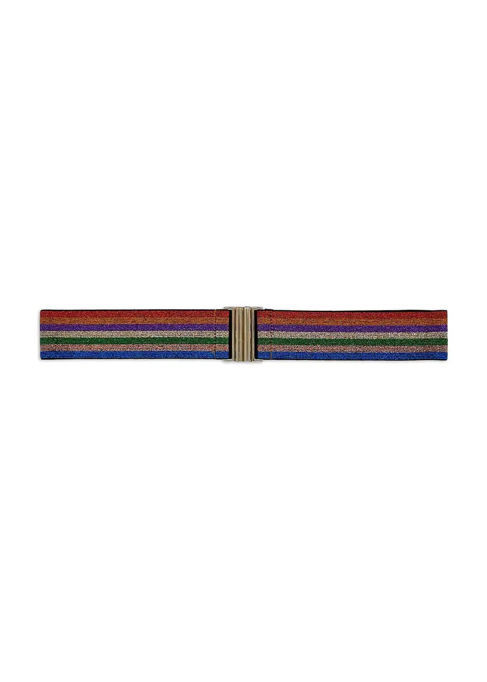 Colorful striped elastic belt with metallic clasp, fashion accessory on white background