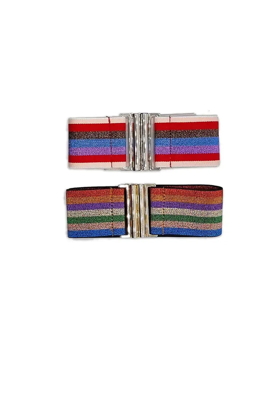 Two wide elastic belts with metallic buckles in colorful striped patterns on white background