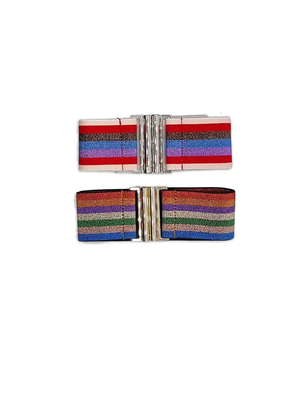 Two wide elastic belts with metallic buckles in colorful striped patterns on white background