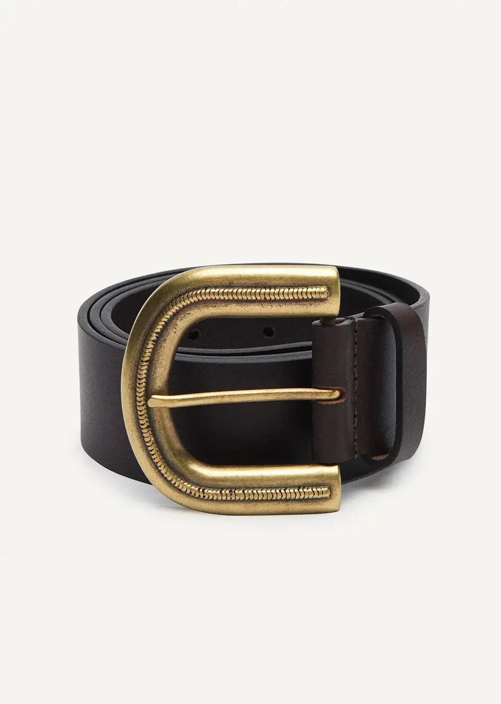 Brown leather belt with large gold-tone buckle on white background