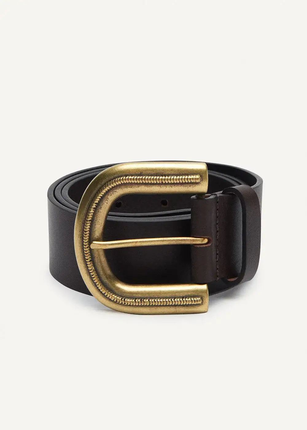 Brown leather belt with large gold-tone buckle on white background