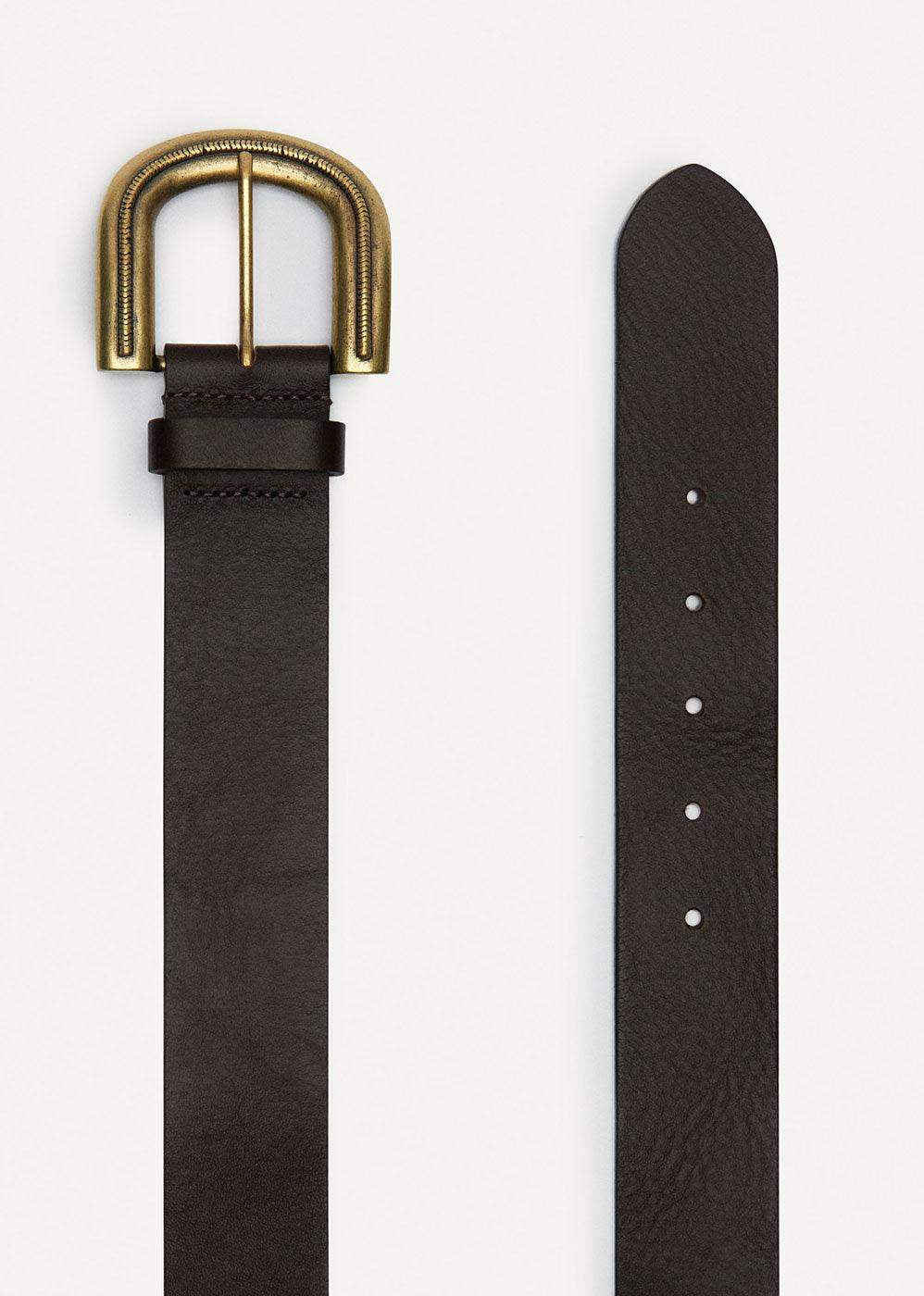 Brown leather belt with gold buckle and punched holes on white background