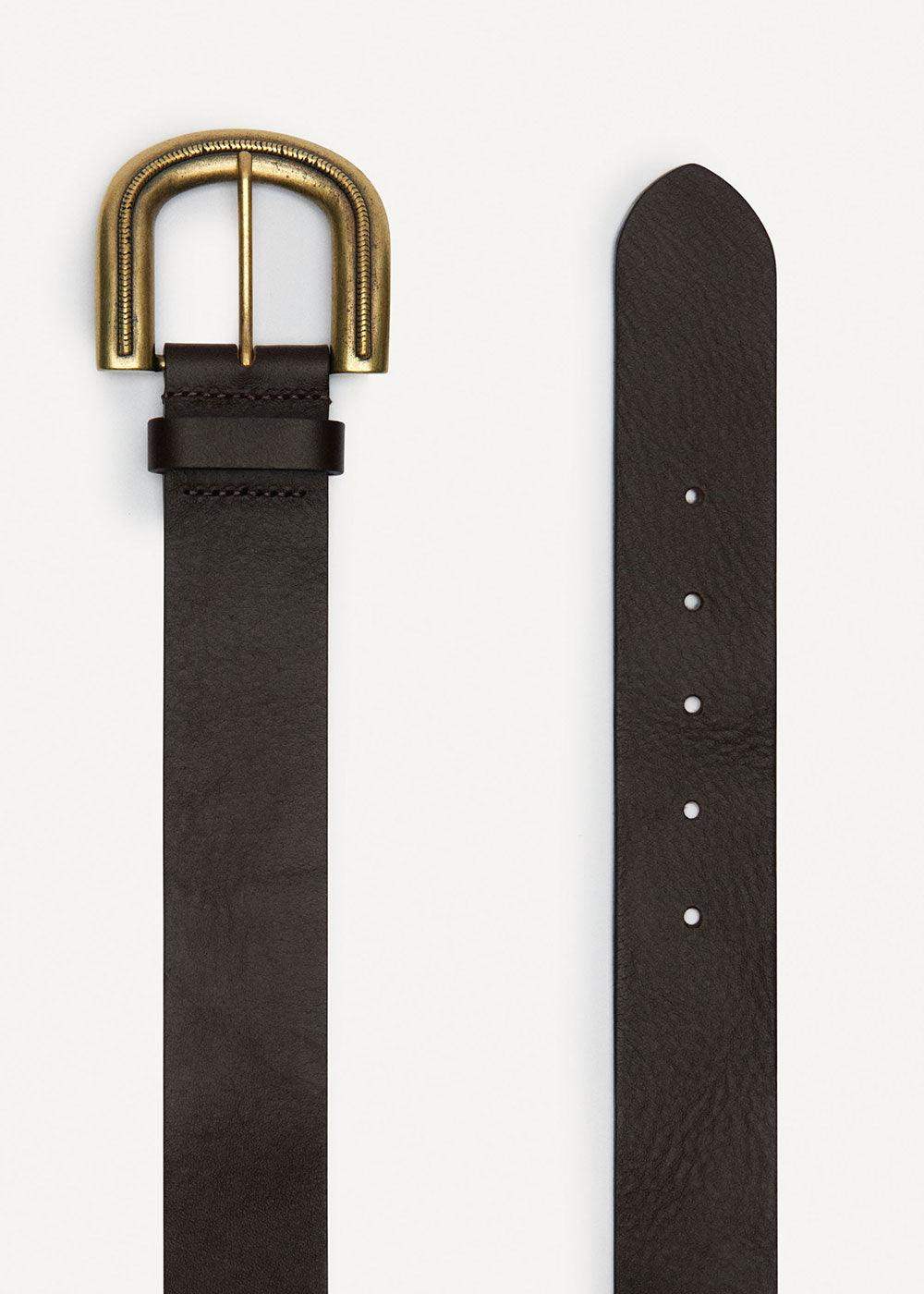 Brown leather belt with gold buckle and punched holes on white background