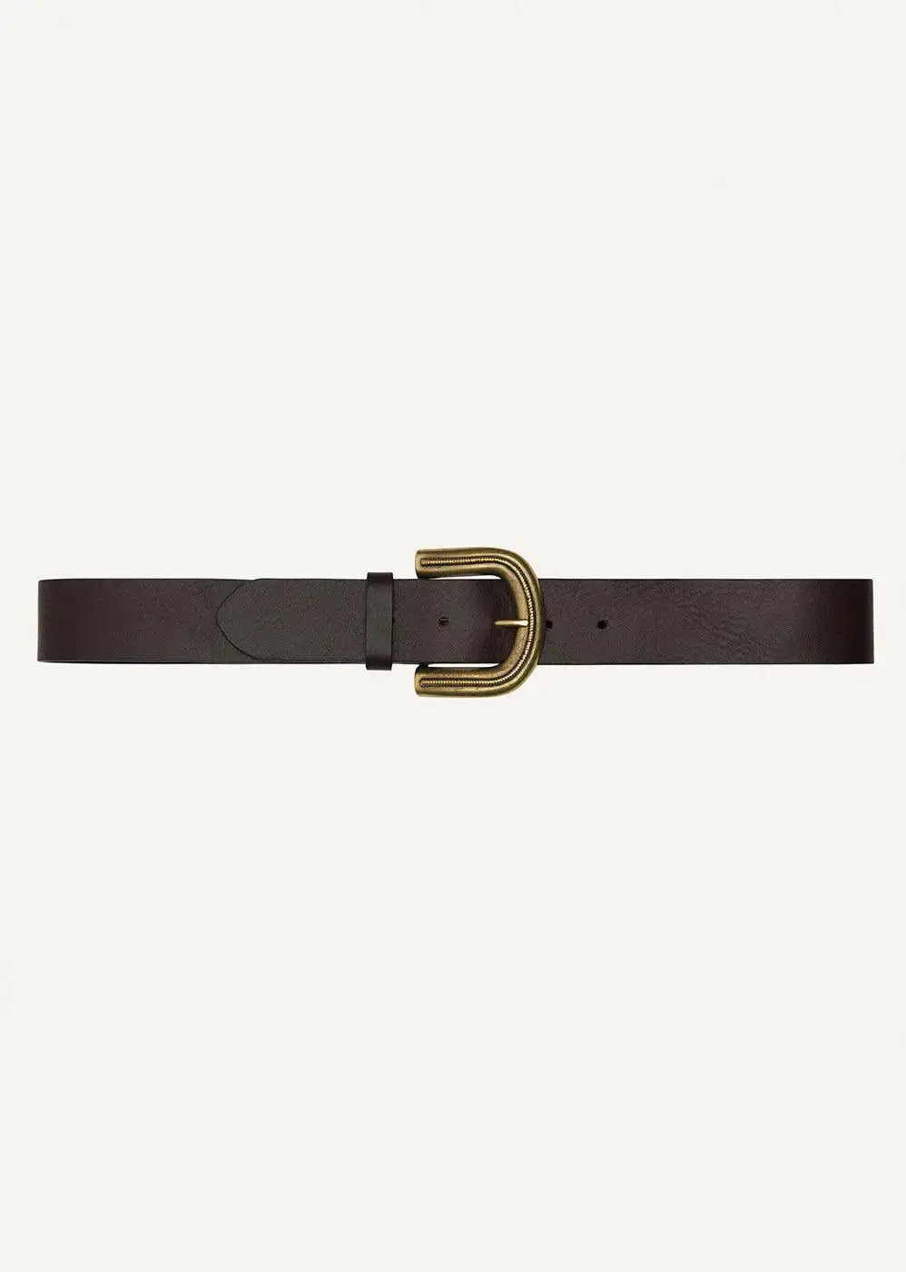Brown leather belt with a gold textured buckle on a plain white background