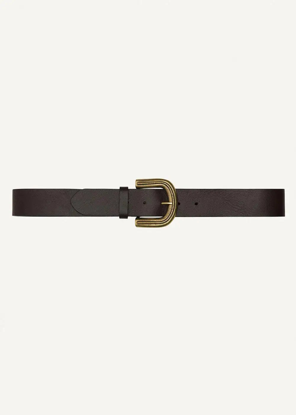 Brown leather belt with a gold textured buckle on a plain white background