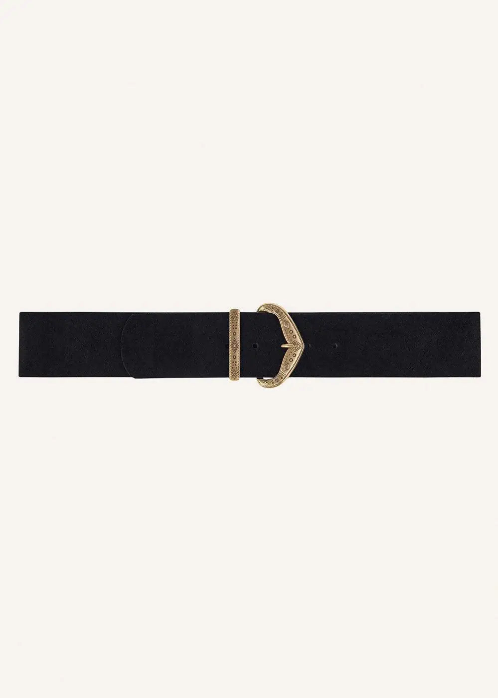 Wide black belt with decorative gold buckle and keeper on a neutral background