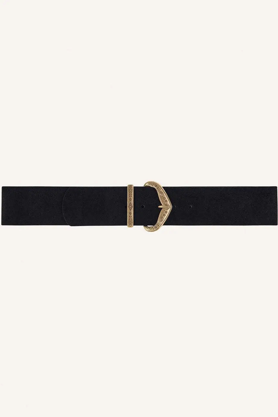 Wide black belt with decorative gold buckle and keeper on a neutral background