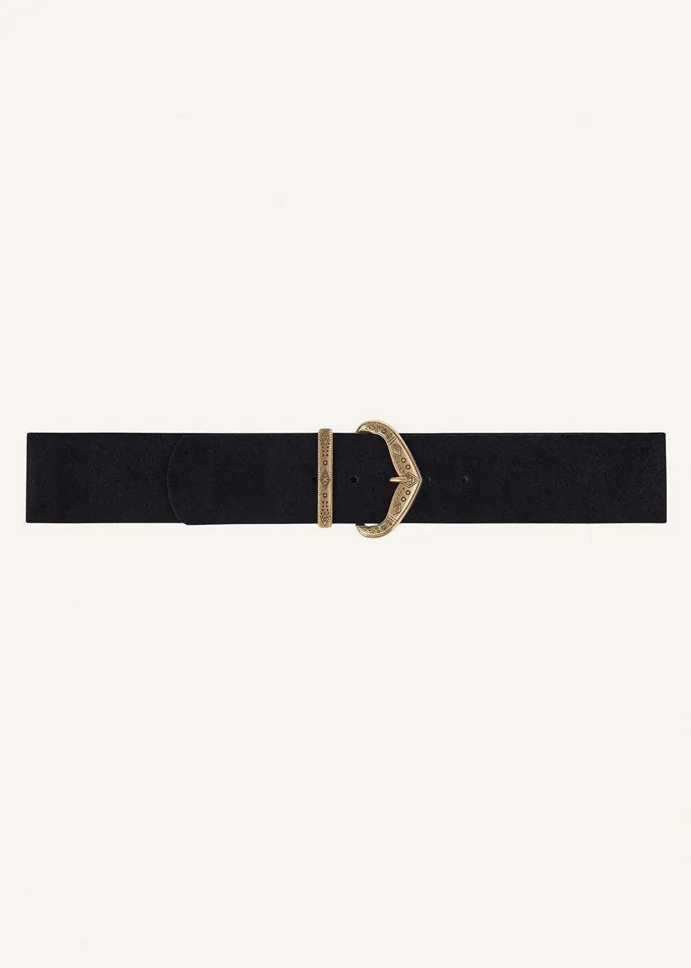 Wide black belt with decorative gold buckle and keeper on a neutral background