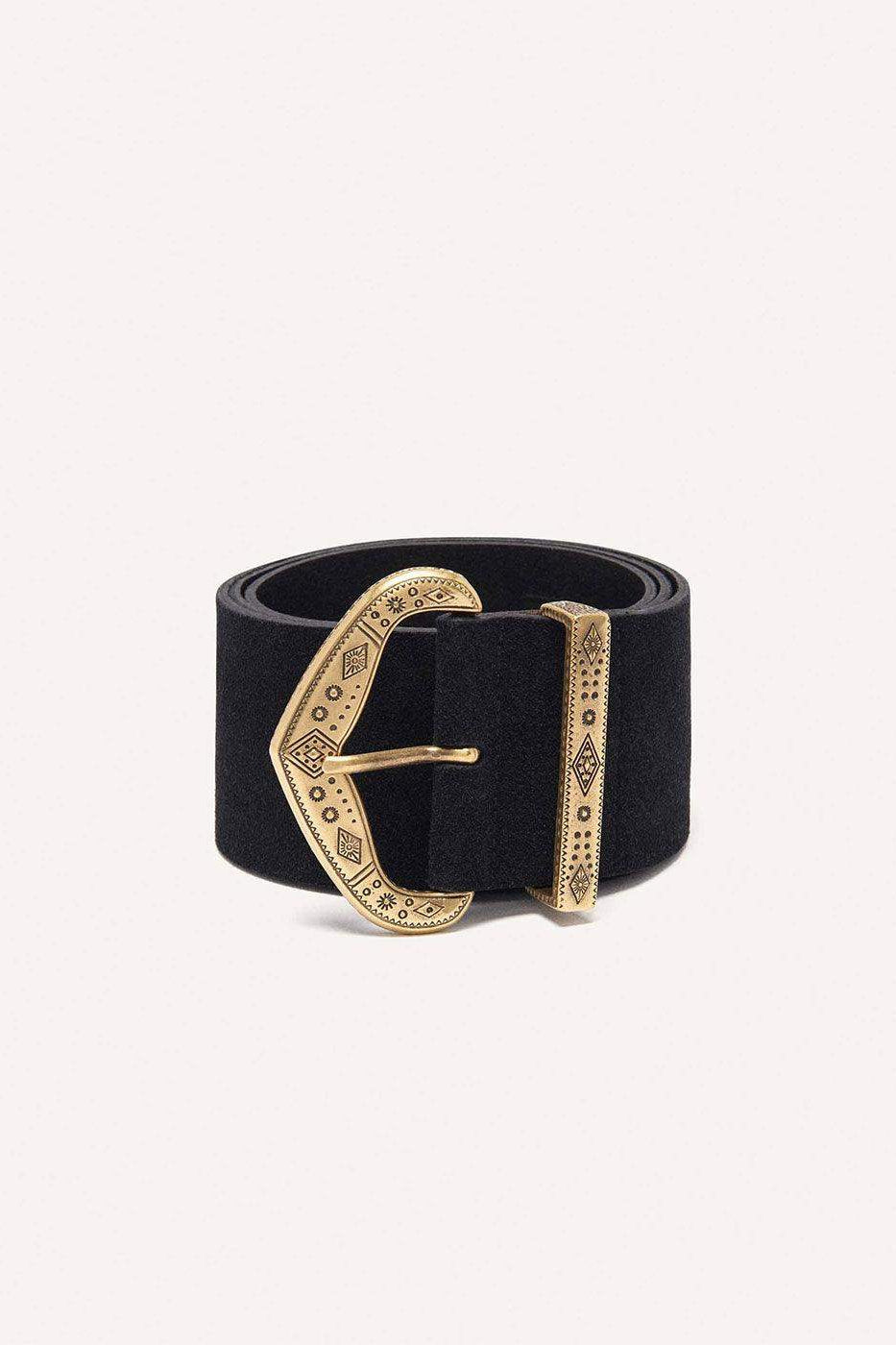Wide black belt with ornate gold western buckle and matching keeper on white background.