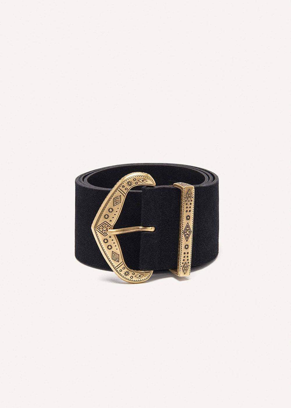 Wide black belt with ornate gold western buckle and matching keeper on white background.