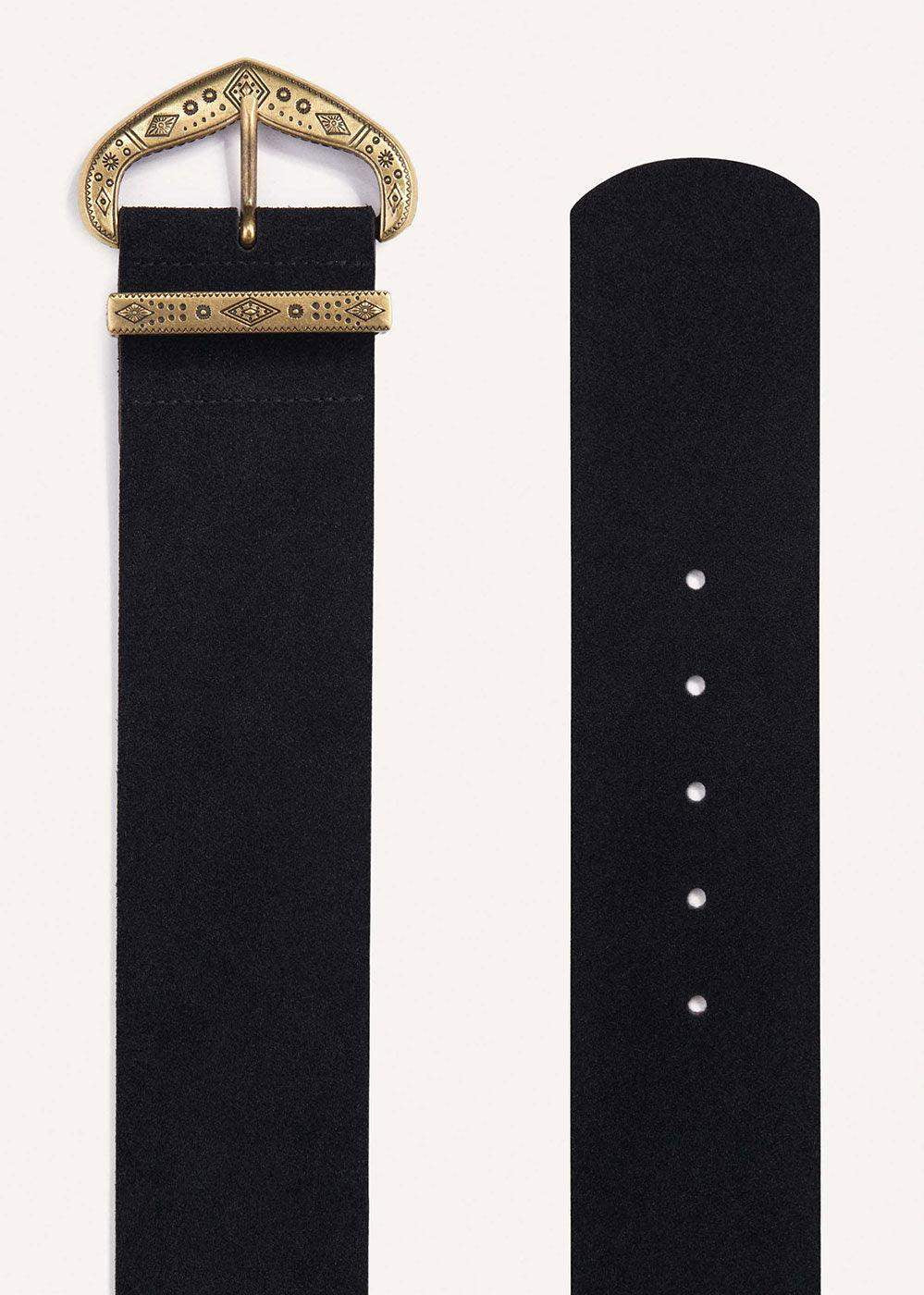 Black suede belt with decorative gold buckle and punched holes, fashion accessory