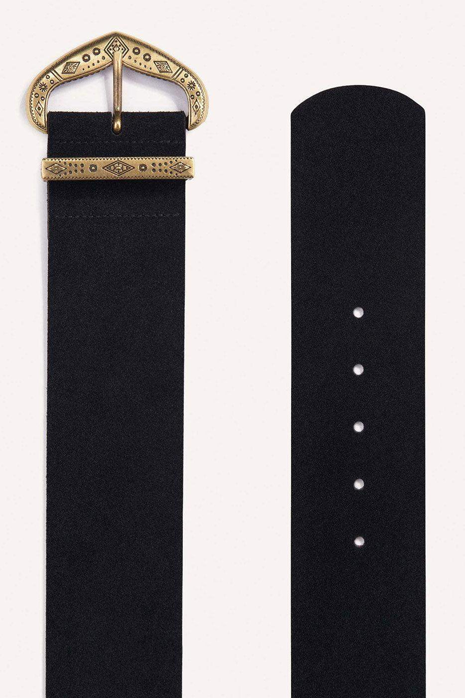 Black suede belt with decorative gold buckle and punched holes, fashion accessory