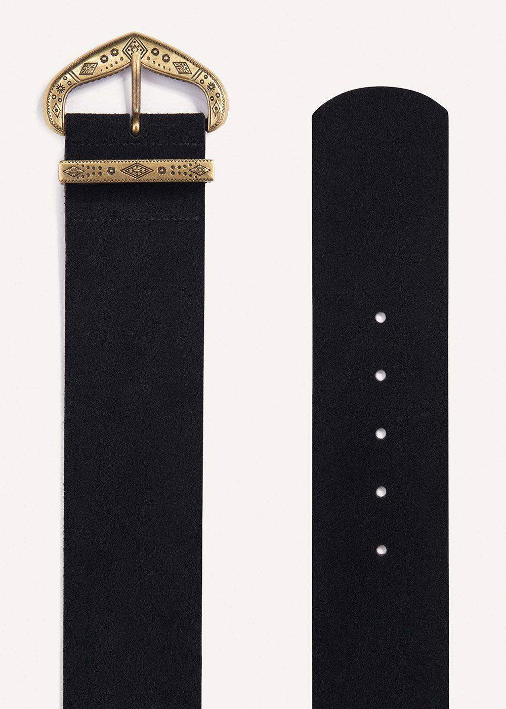 Black suede belt with decorative gold buckle and punched holes, fashion accessory
