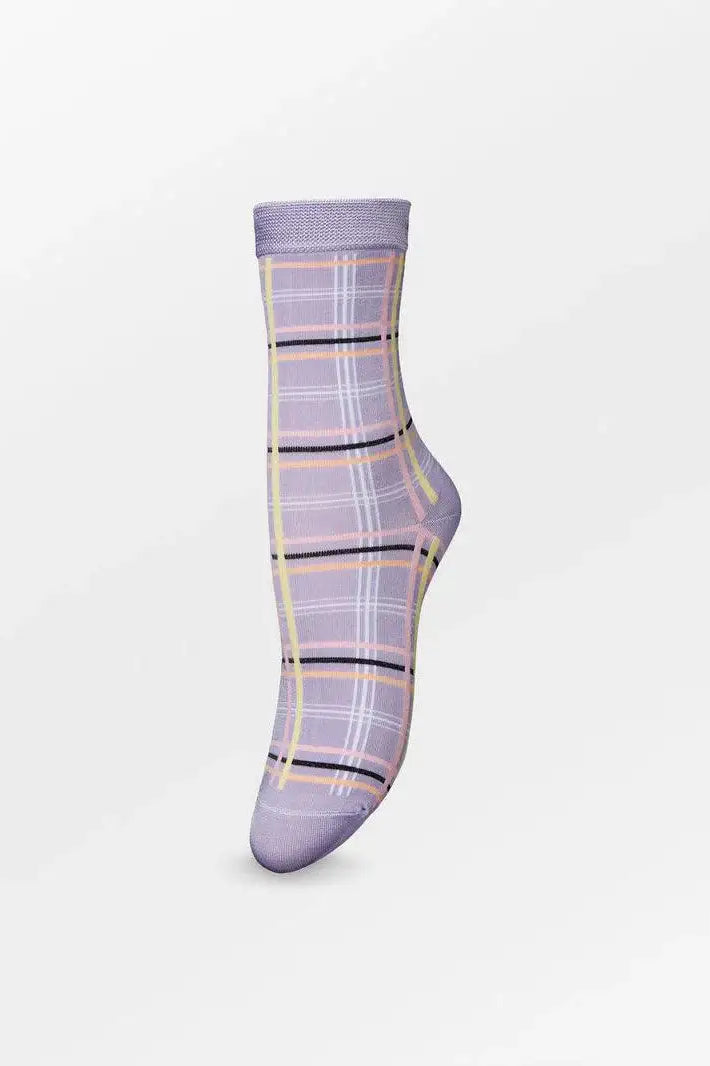 Lilac check patterned sock with yellow, white, and black plaid design on white background