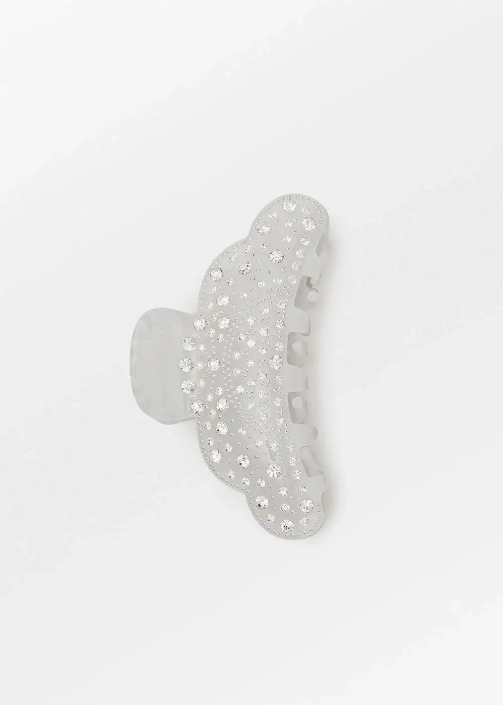 Silver glitter hair claw with rhinestone embellishments on a white background.
