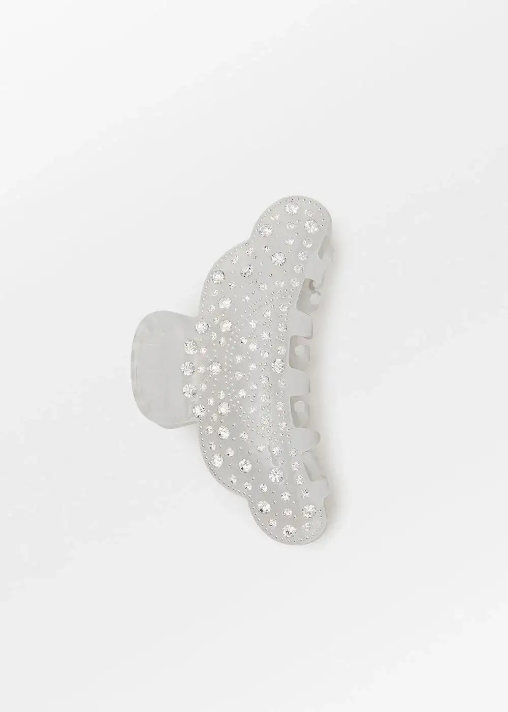 Silver glitter hair claw with rhinestone embellishments on a white background.
