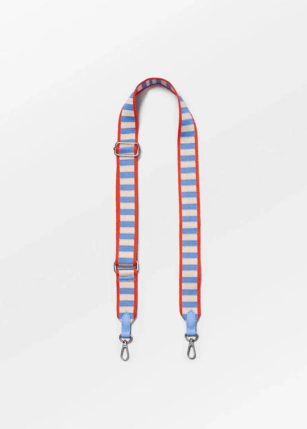 Striped blue and white adjustable bag strap with red edges and metal clasps on white background