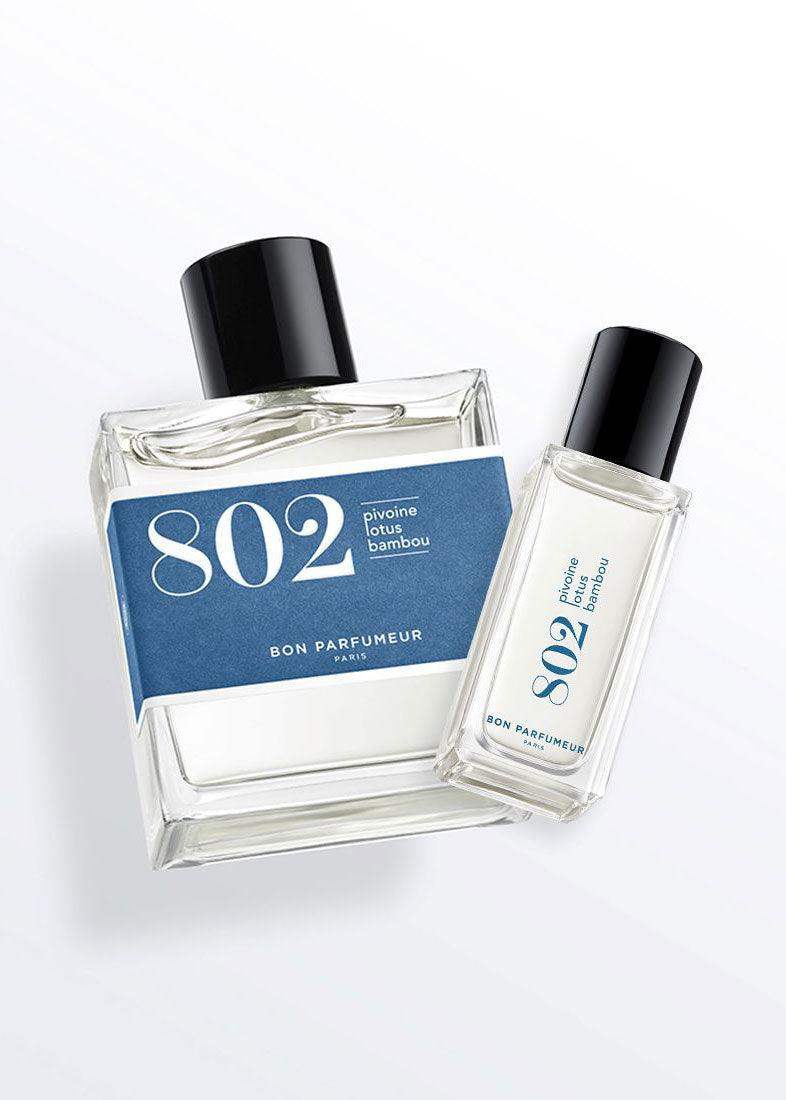 802 pivoine lotus bambou perfume bottles with minimalist blue labels and black caps