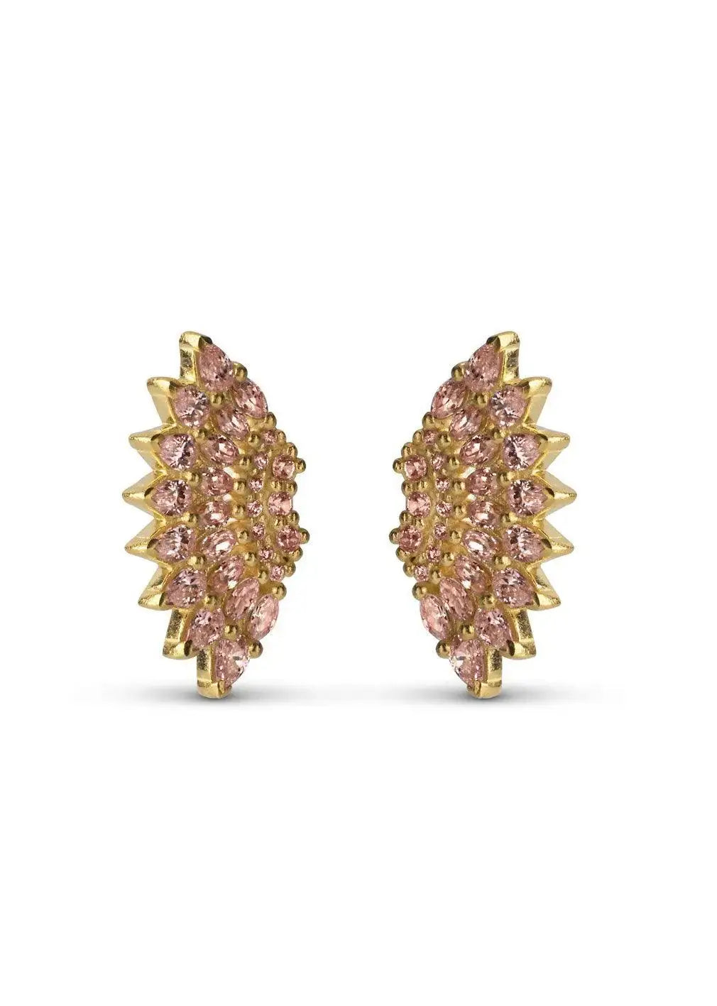 Domino-style gold earrings with light pink crystal stones in a sunburst pattern
