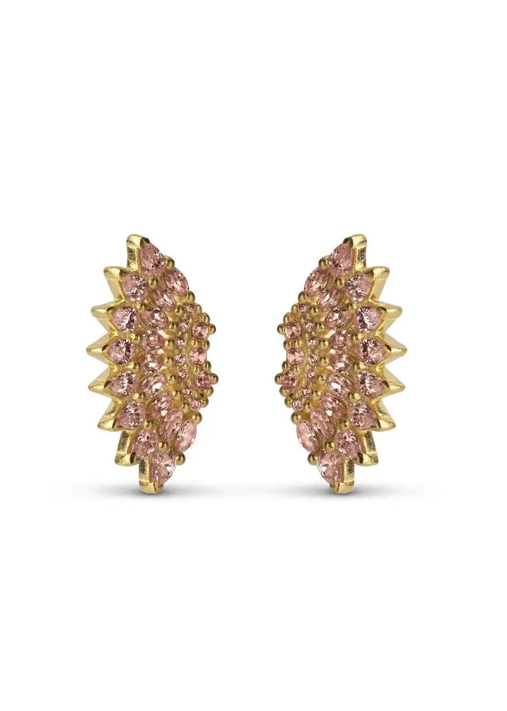 Domino-style gold earrings with light pink crystal stones in a sunburst pattern
