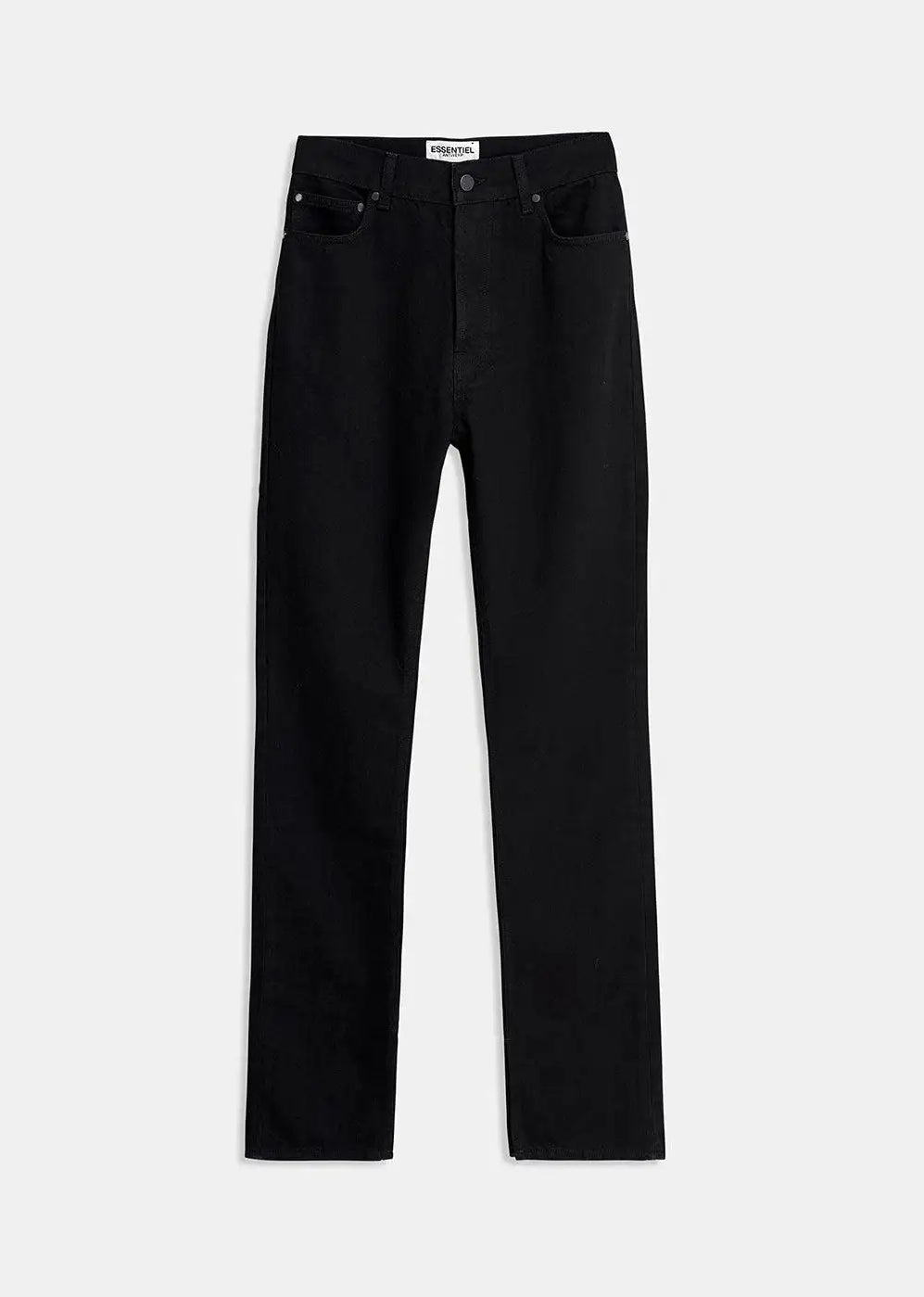 Black straight leg jeans with five pockets, laid flat on a white background