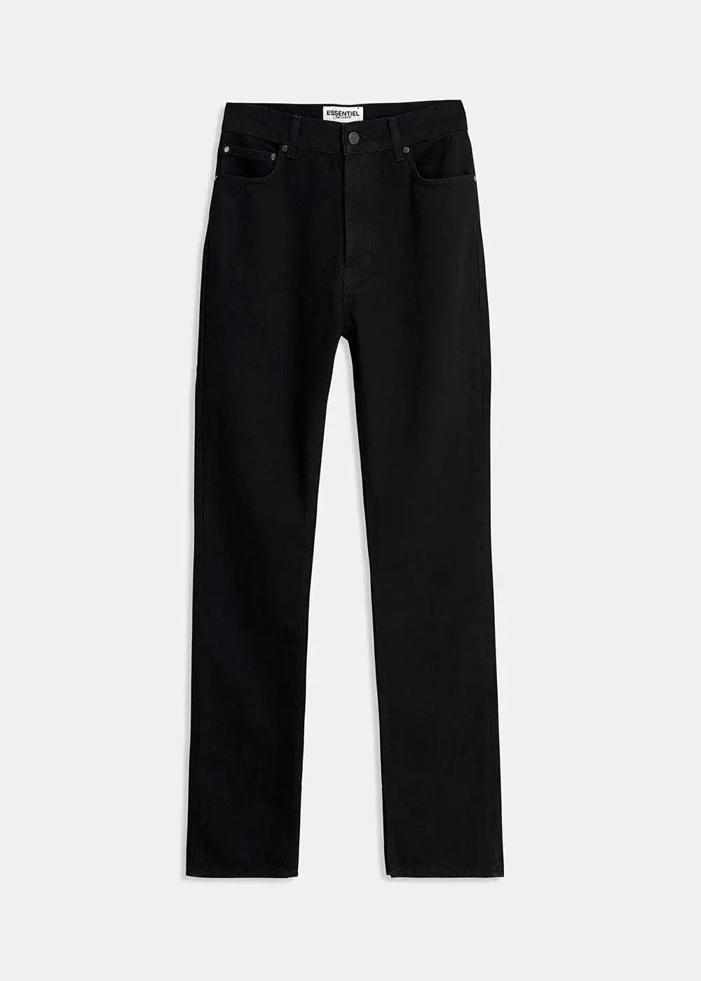 Black straight leg jeans with five pockets, laid flat on a white background