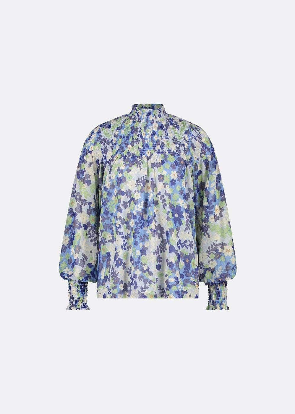 Blue and green floral high-neck blouse with smocked cuffs and long puff sleeves