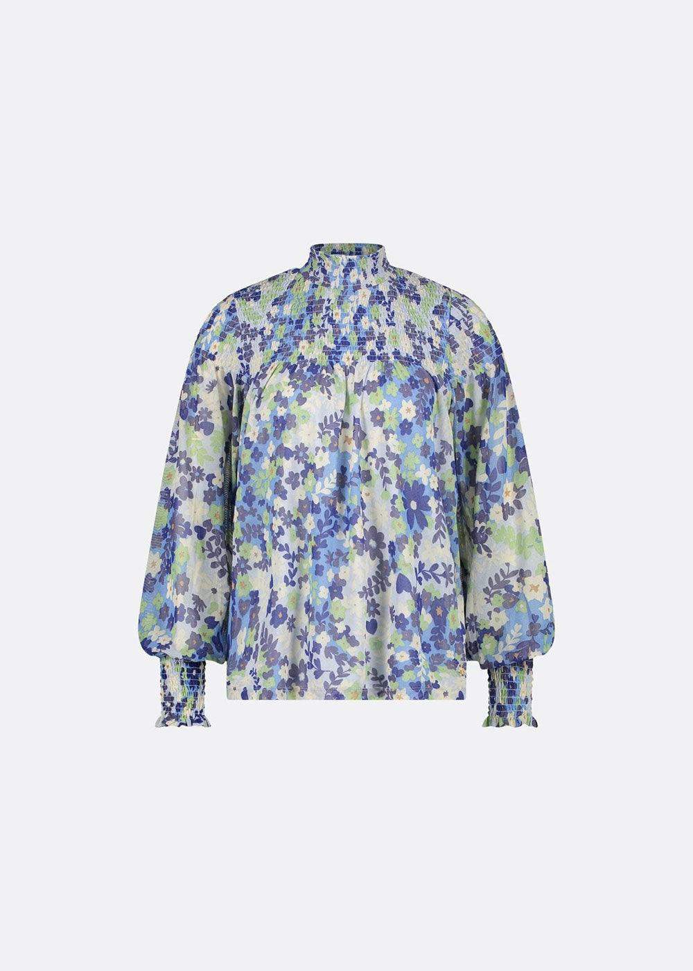 Blue and green floral high-neck blouse with smocked cuffs and long puff sleeves