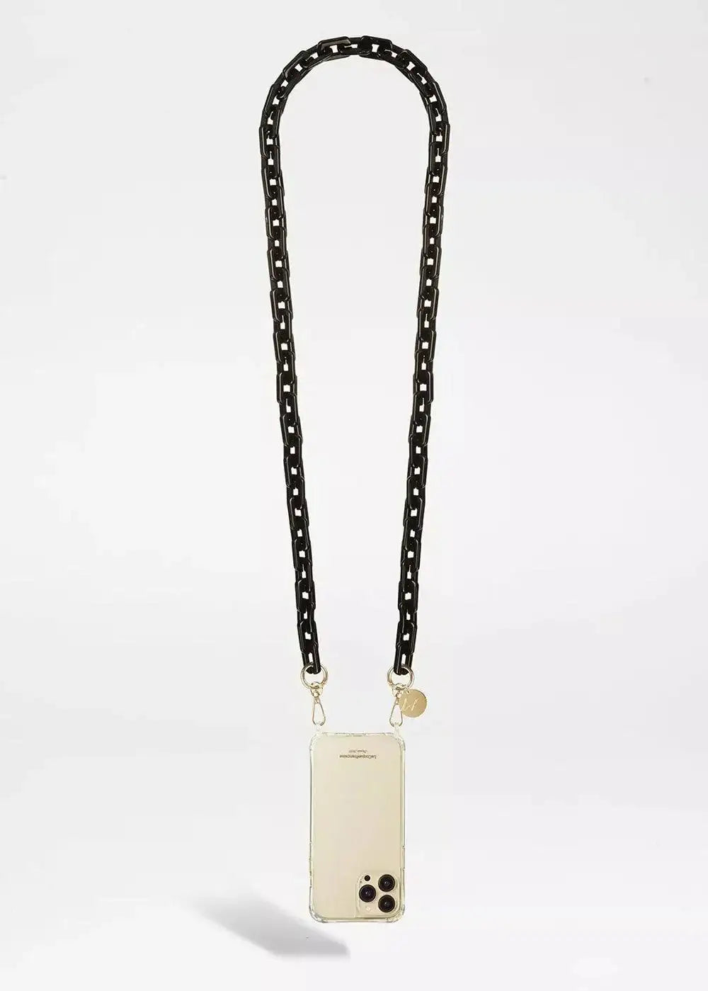 Black chain phone strap attached to a clear smartphone case with gold clasp accents