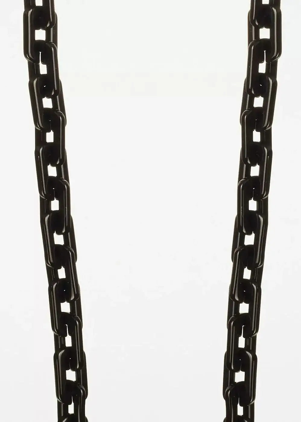Black acrylic phone chain with chunky rectangular links on a plain background