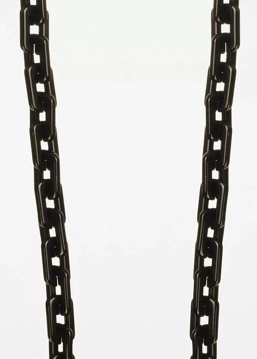 Black acrylic phone chain with chunky rectangular links on a plain background